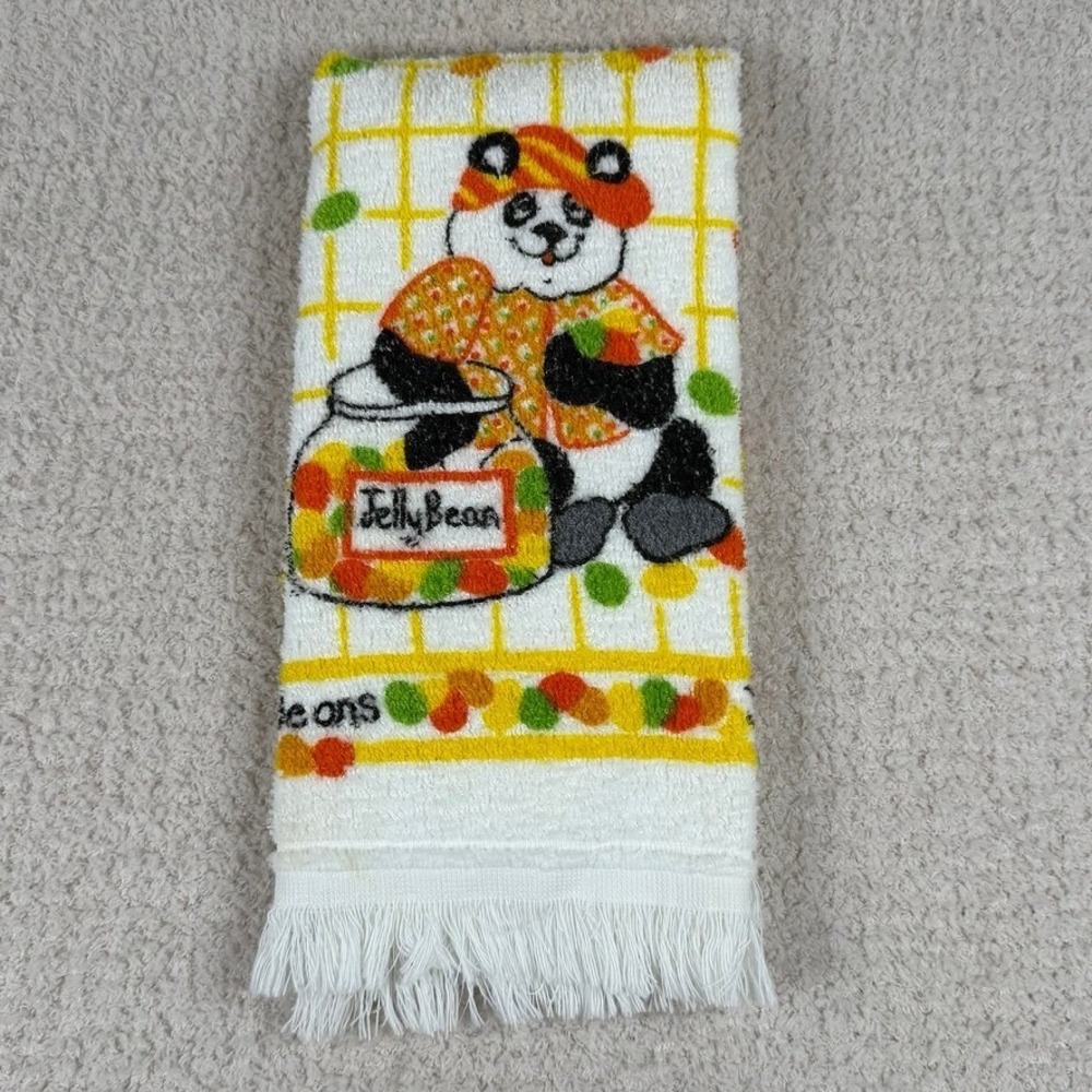 Vintage Leshner Panda Bear Jelly Beans Dish Towel White Orange Retro Decor USA